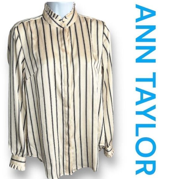 Ann Taylor Shirt Women's XXS White Stripe Long Sleeve Button Down Polyester New - Picture 1 of 9